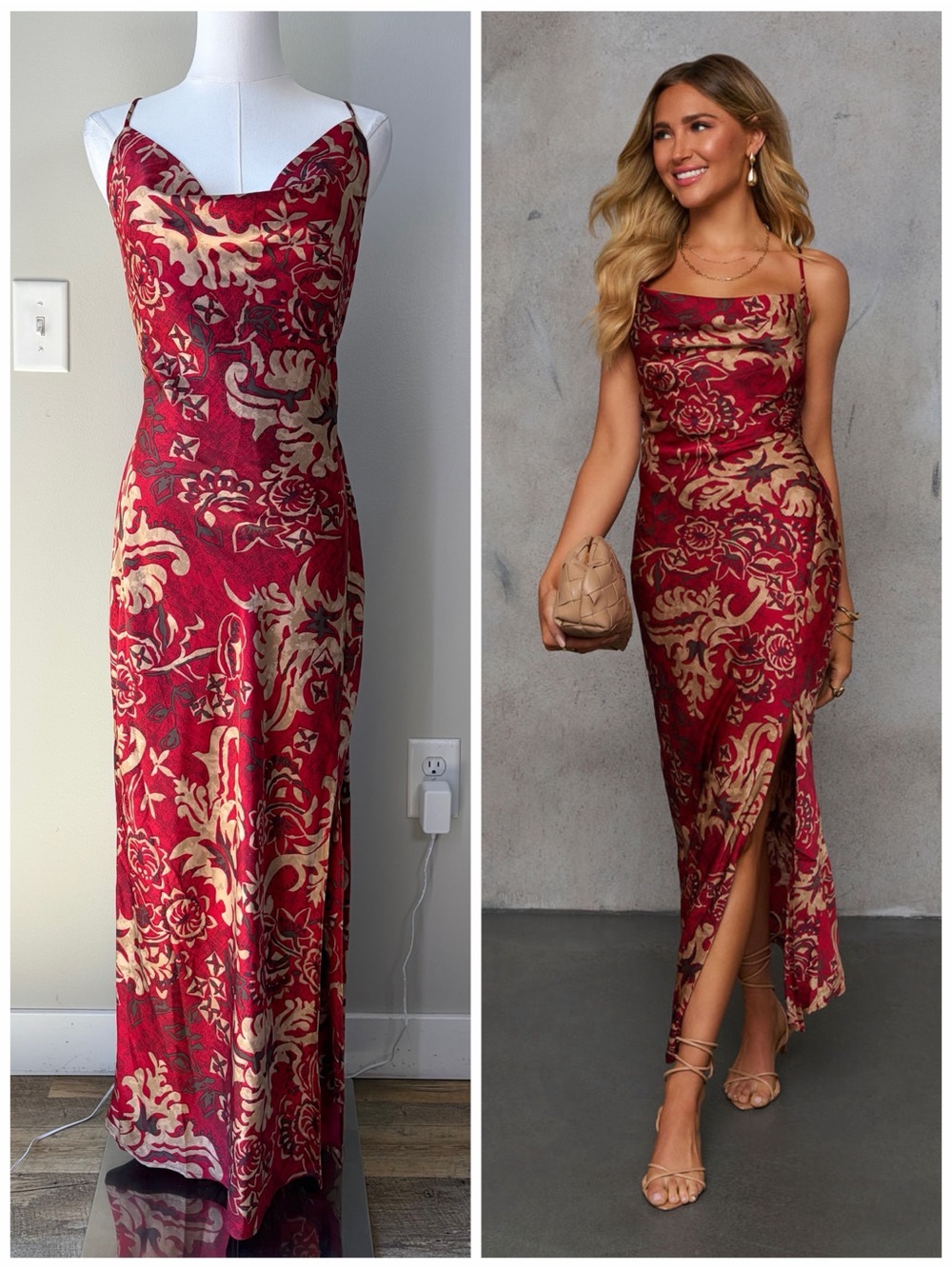 VICI Carrington Patterned Cowl Neck Satin Slip Dress Date Night Romantic